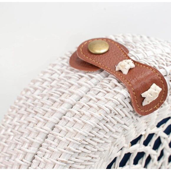 9” NAVY Lined WHITE‎ Round Rattan Bag for Women Beach Crossbody Shoulder Bag NWT - Picture 12 of 16